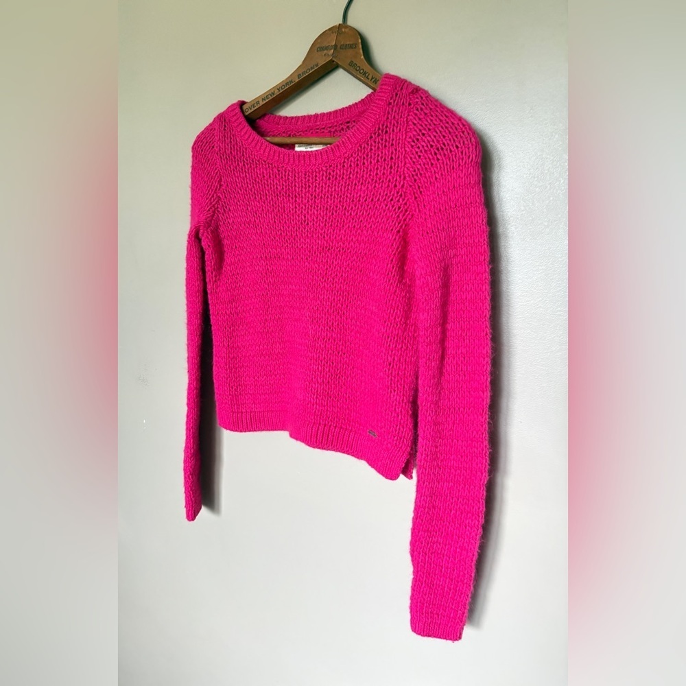 Abercrombie & Fitch hot pink sweater chunky open neck cropped Barbiecore S EUC - Picture 4 of 14